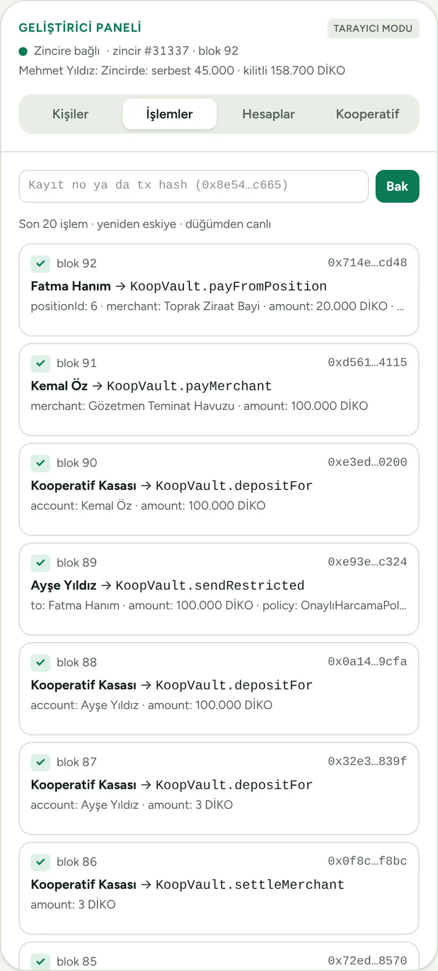 Zincir işlemlerini çözen geliştirici paneli